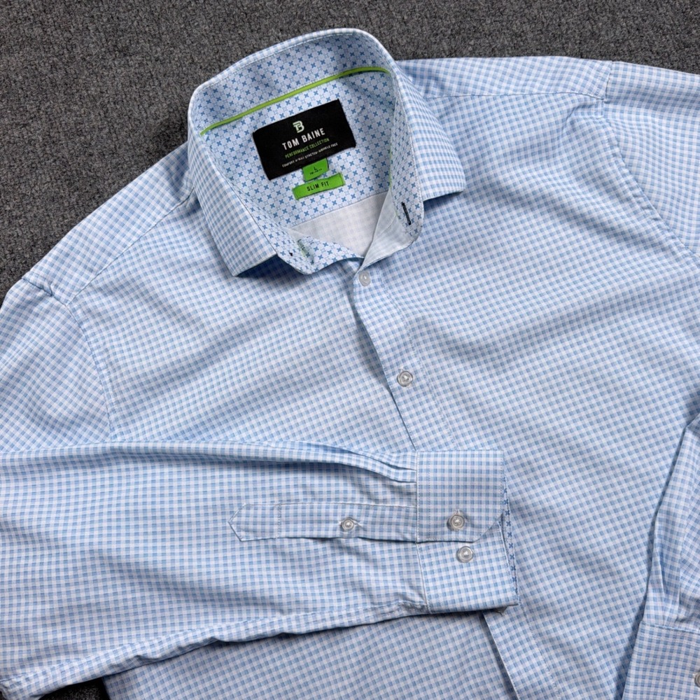 Tom Baine Performance Stretch Button Up Shirt Mens Large Blue Gingham Slim Fit